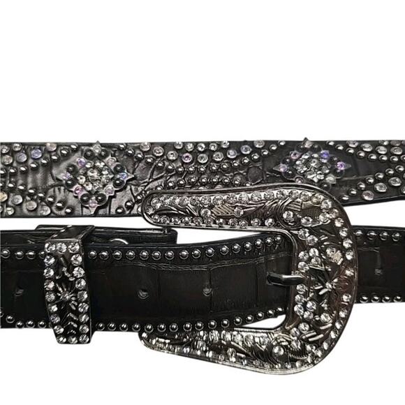Western Rhinestone Belt Dark Brown Croc Leather Silver Floral Buckle Bling 38\
